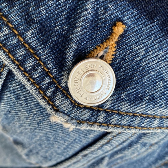 ALL SAINTS BLUE DISTRESSED HAY DENIM BUTTON UP COLLARED JEAN JACKET - Picture 7 of 10